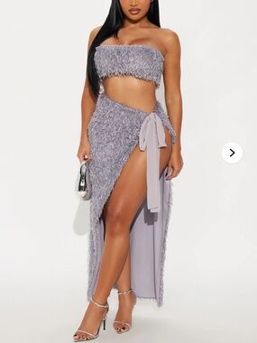 Flirt And Flair Feather Maxi Skirt Set- Grey